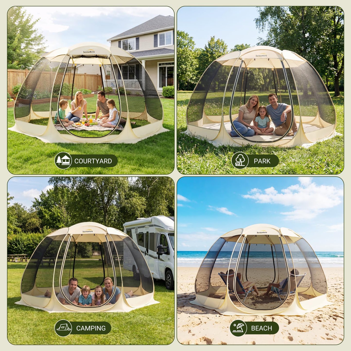 Lenotos Pop Up Screen House, 12.5'x12.5' Outdoor Screen Tent for Camping, Screened Gazebo with Mosquito Netting, Carry Bag