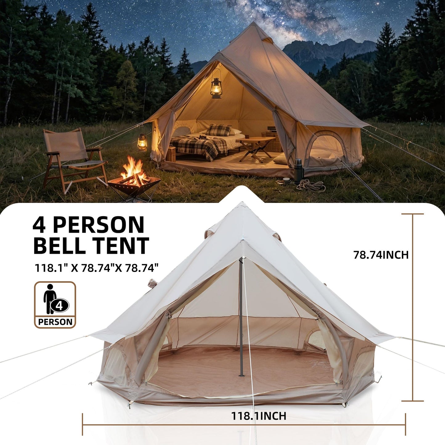 KEIKI 4 Season Canvas Bell Tent 9.8 FT Waterproof All Weather Glamping Yurt Tent, Luxury Hot Tent Stove Jack, Breathable Compact Family Camping Teepee for 4 People Outdoor Music Festival, Beige