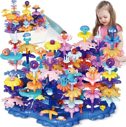Coral Garden Flower Building Toys for for Toddlers 3-5 Year OldUpgrade DIY Building Blocks Toys for Ages 3-4 GirlsEducational STEM Christmas Birthday Gift for Kids(136PCS)