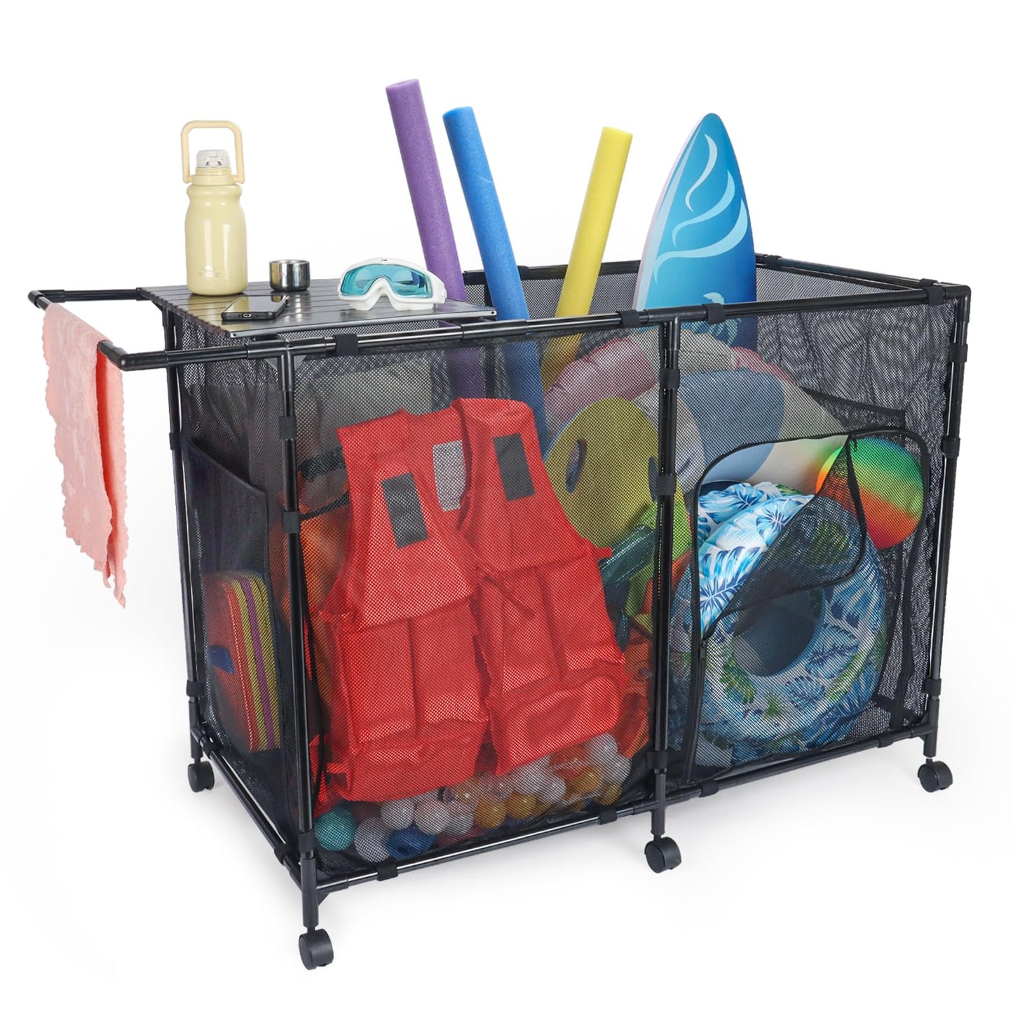 Arejonner 152Gal Pool Storage Organizer with Tabletop,Towel Bar,Zipper Doors,360° Rotating Wheels,Weather-Resistant,Easy Assembly,for Indoor Outdoor,Pool,Patio,Beach (M Size)