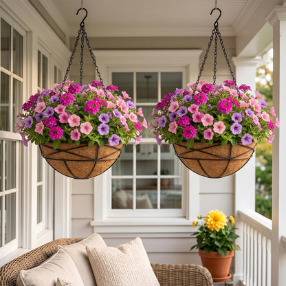 Karlliu 4 Pack 14 Inch Hanging Baskets for Plants Outdoor Large Flower Planters with Coco Liner for Outside Panting Watering Plant Pot Holder for Home Garden Porch Balcony Railings Decor
