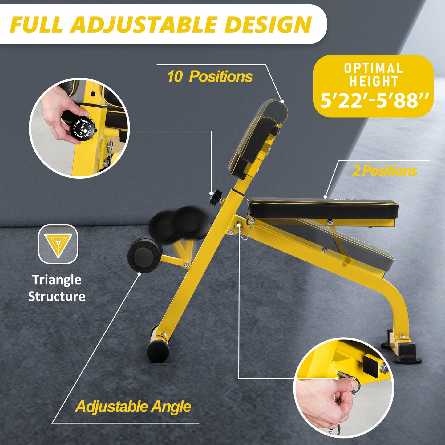 BODYRHYTHM Compact Adjustable Weighted Bench for Full Body Strength Training, Ab/Back Hyper Roman Chair, Adjustable Ab Sit up Bench, Hyperextension Bench, Back Extension Machine (Yellow)