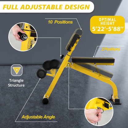 BODYRHYTHM Compact Adjustable Weighted Bench for Full Body Strength Training, Ab/Back Hyper Roman Chair, Adjustable Ab Sit up Bench, Hyperextension Bench, Back Extension Machine (Yellow)