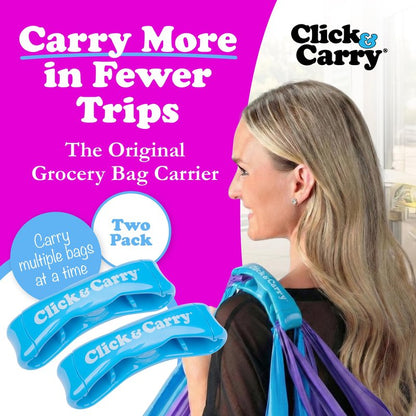Click & Carry Grocery Bag Carrier Handle - Carry More in Fewer Trips, 100lb Capacity, Hands-Free, Gel-Padded Ergonomic Design, Shopping & Grocery Bag Holder - As Seen On Shark Tank, Blue, 2 Pack