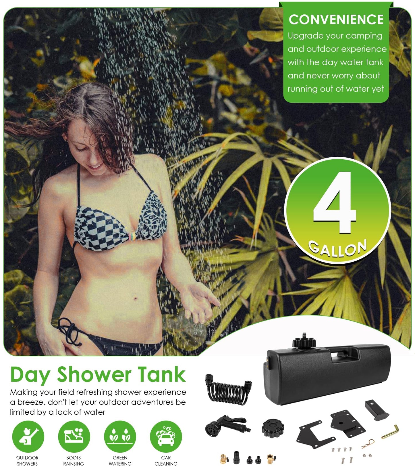 4.0 Gallon Pressurized Water Tank, Portable Camping Shower Water Storage with Spray Hose Bumper Mount or Bed Mount for Pick-up Trucks & Off-Road Vehicles Outdoor Activities Water Supply