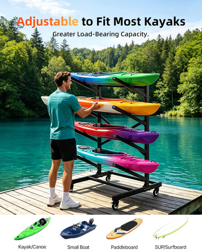 Ultrawesome 4-Tier Single-Sided Kayak Storage Rack with Wheels, Heavy Duty Freestanding Canoe Stand for 4 Kayaks, 400lbs Capacity, Adjustable Arms, Indoor Outdoor Garage Shed Dock Use