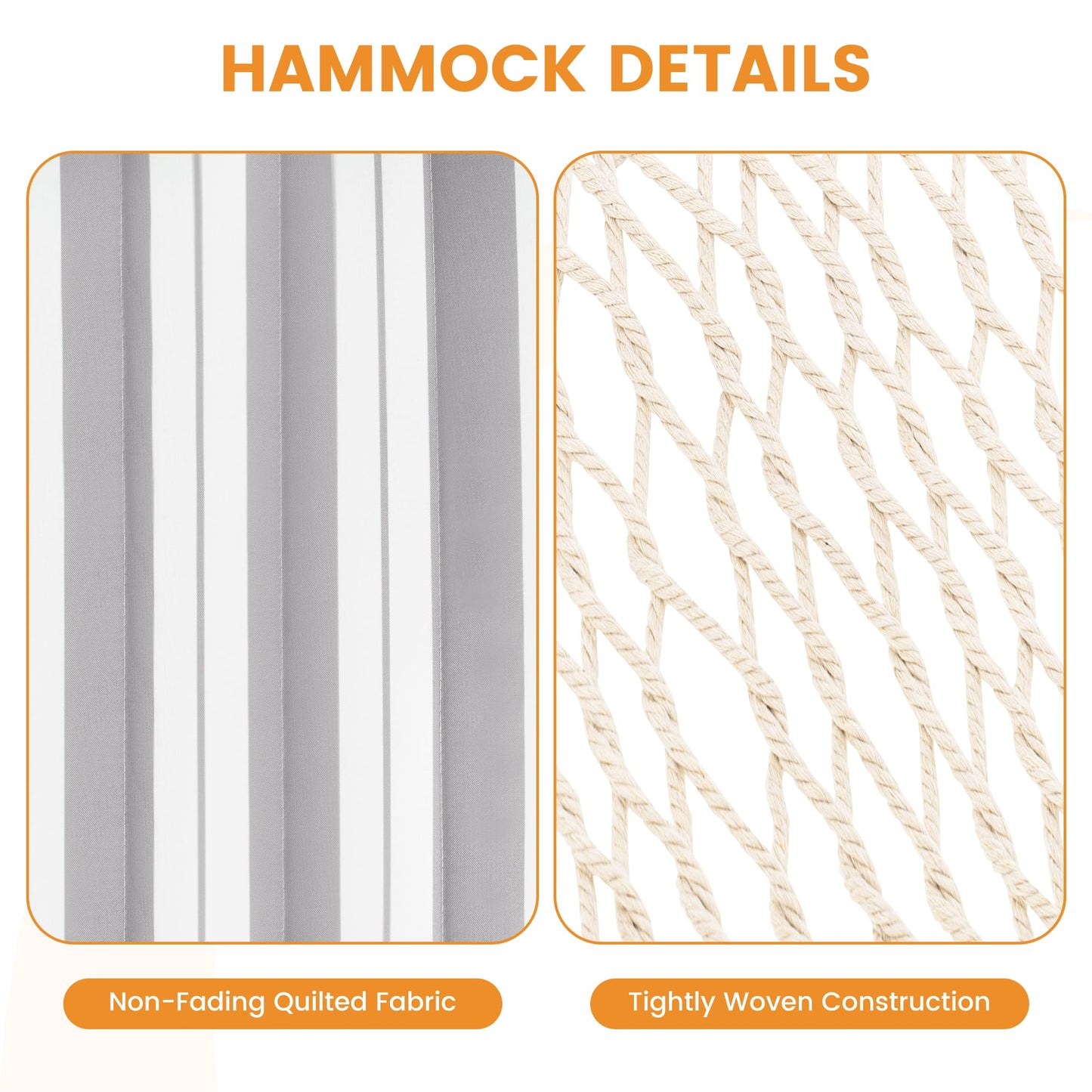 Lazy Daze Hammocks Rope Hammock with Pad, Spreader Bar, Carabiners, Tree Straps, Chains for Outside Patio- Max 450 Lbs, Light Grey Stripes