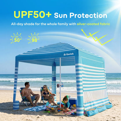 Gorich Beach Cabana with UPF50+ UV Protection, 8x8 FT/10x10 FT Beach Canopy Tent with Side Wall, Easy Setup, Windproof Portable Sun Shelter Shade for Family