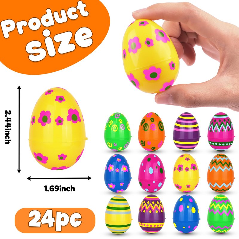 NAWITDA 24 Pack 2.4 Inch Plastic Printed Easter Eggs, Empty Fillable Eggs Bulk for Easter Egg Hunt, Easter Basket Stuffers Fillers, Classroom Prize Supplies, Filling Treats and Party Favors