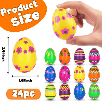 NAWITDA 24 Pack 2.4 Inch Plastic Printed Easter Eggs, Empty Fillable Eggs Bulk for Easter Egg Hunt, Easter Basket Stuffers Fillers, Classroom Prize Supplies, Filling Treats and Party Favors
