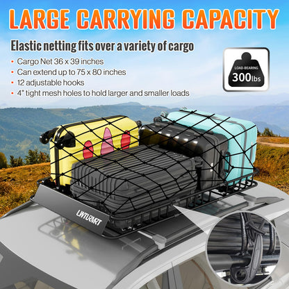 LWTURMRT 64 x 39 Inch Universal 300LB Heavy Duty Roof Rack Cargo with Cargo Net, Car Top Luggage Holder Carrier Basket for SUV,Truck or RV Camping Storage Steel Construction