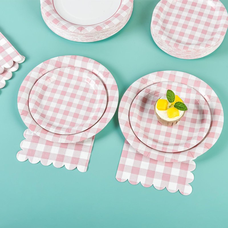 175Pcs Pink Gingham Party Supplies Pink Gingham Paper Plates and Napkins Cups Checkered Plates Disposable LightPink and White Plaid Party Decor for Birthday Family Fall Picnic BBQ,Serves 25 Guests