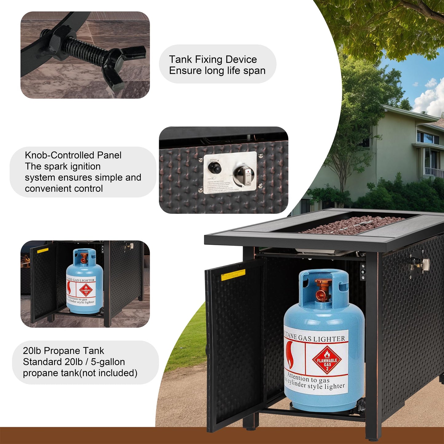 45 inch Propane Fire Pit Table, 50,000 BTU Outdoor Gas Fire Pit Table with Lid, Waterproof Cover, Rectangle Gas Firepit Table for Garden/Patio