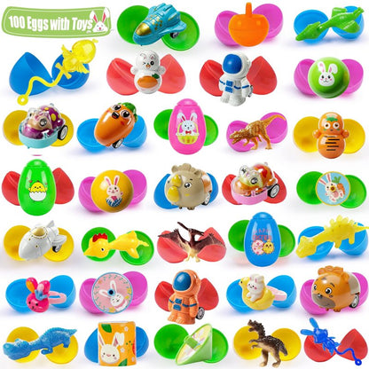 SQZUWIT 100 Pcs Prefilled Easter Eggs Filled with Toys Inside for Kids Boys Girls Pre-filled Easter Hunt Basket Stuffers Essentials Fillers Party Favors Classroom Prize Supplies