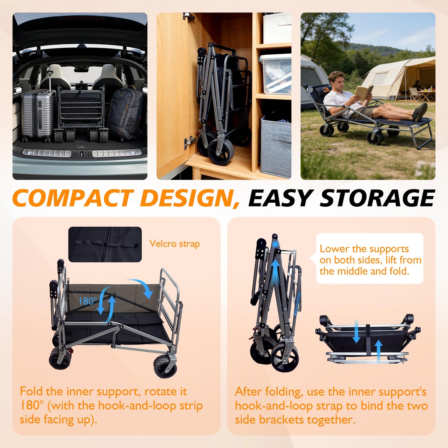 IWVE Heavy Duty Folding Wagon Cart 660 lb Capacity, 3-in-1 Collapsible Utility Wagon with Adjustable Handle and All-Terrain Wheels for Camping, Beach, Grocery, Outdoor Use