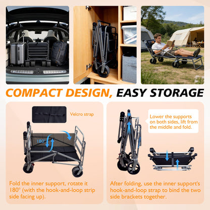 IWVE Heavy Duty Folding Wagon Cart 660 lb Capacity, 3-in-1 Collapsible Utility Wagon with Adjustable Handle and All-Terrain Wheels for Camping, Beach, Grocery, Outdoor Use