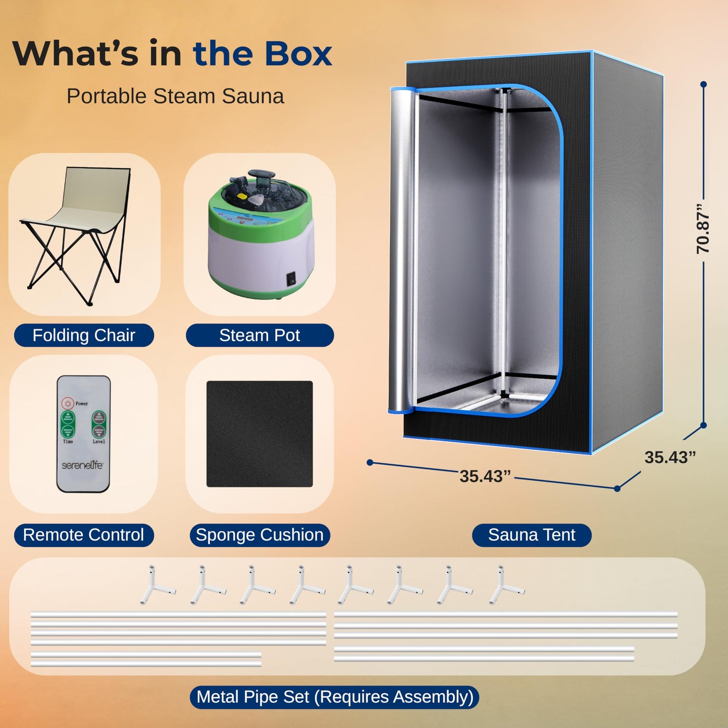 SereneLife Portable Steam Sauna Tent with Extra Large 4L Steamer - Includes Folding Sauna Chair, Remote Control w/ 9 Heat Levels for in-Home Spa - 2.9' x 2.9' x 5.9'