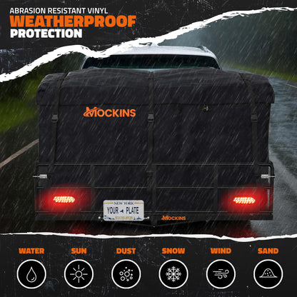Mockins 66"x30"x14" XL High Rail Trailer Hitch Cargo Carrier w/ 45 CuFt Waterproof Cargo Bag for Hitch Carrier | 500 Lbs Cap Folding Luggage Rack for SUV Car Truck w/Rear Lights, Plate Bracket & More