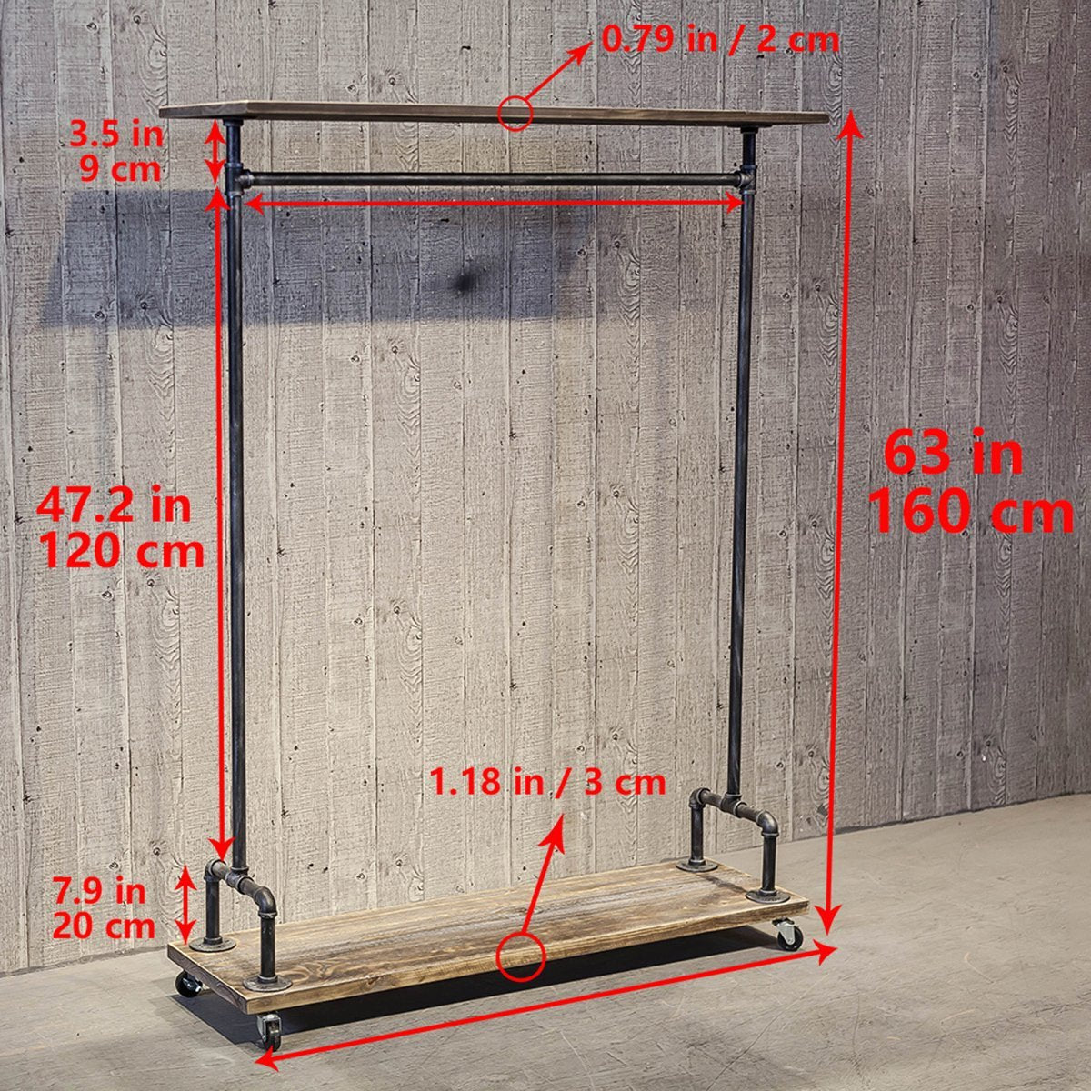 MBQQ Industrial Decorative Clothes Rack, Black Silver, Wood and Iron, 47.2"L x 63"H x 13.8"W