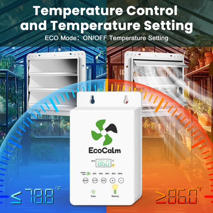 ecoCalm 14" Solar Exhaust Fan for Greenhouse with Battery and Adjustable Thermostat, Attic Fans for Garage and Shed with 2PCS 30W Bifacial Solar Panels