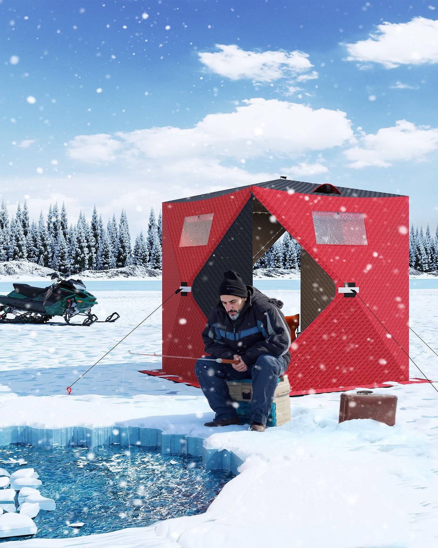 Garvee Pop-up Ice Fishing Tent for 3-4 Persons, Hub-Style Insulated Portable Ice Fishing Shelter with Carrying Bag, Zippered Door, Wind Rope & Anchors, Red