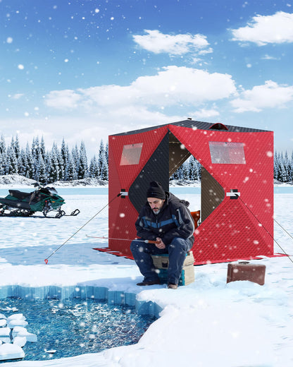 Garvee Pop-up Ice Fishing Tent for 3-4 Persons, Hub-Style Insulated Portable Ice Fishing Shelter with Carrying Bag, Zippered Door, Wind Rope & Anchors, Red