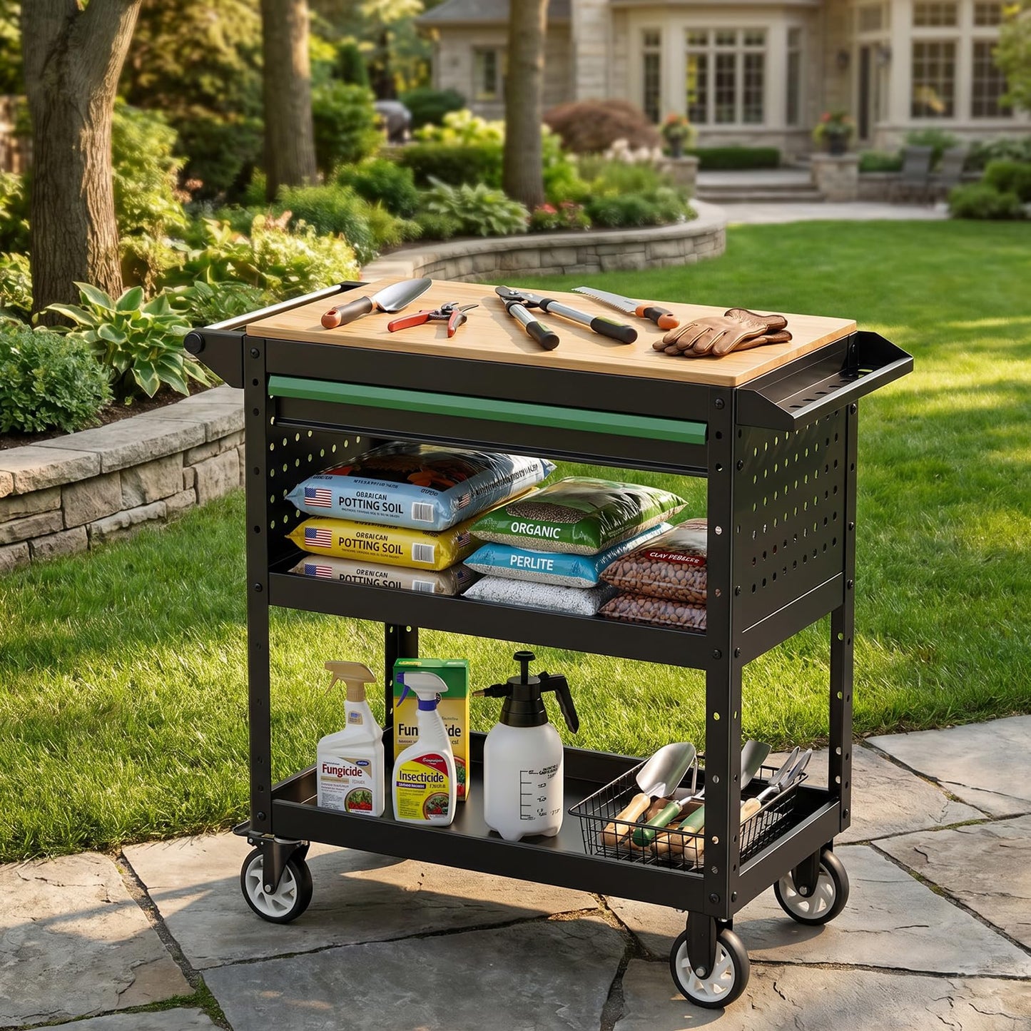 StrideoooTrek Rolling Utility Cart with Wooden Top, 3-Tier Mobile Workshop Table, Heavy-Duty Wheels,330LB Load Capacity Organizer Cabinet for Garage, Warehouse, Repair Shop