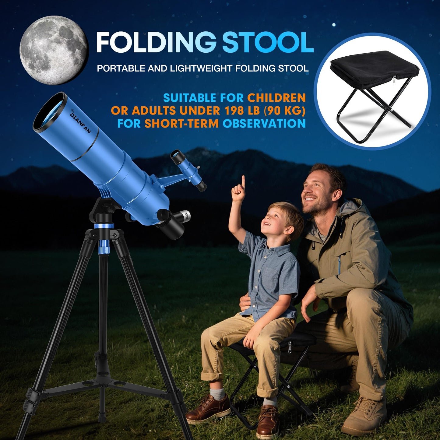 Dianfan Telescope for Kids & Adults, 90mm Aperture 550mm Astronomical Professional Telescope for Adults High Powered, Portable Travel Telescopes for Beginners with Tripod & Adapter, Bag, Folding Stool