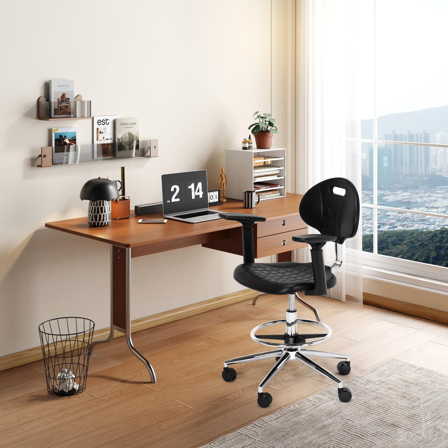 Frassie Polyurethane Lab Stool Chair with Armrest, Task Rolling Chair for Laboratory and Cleanroom