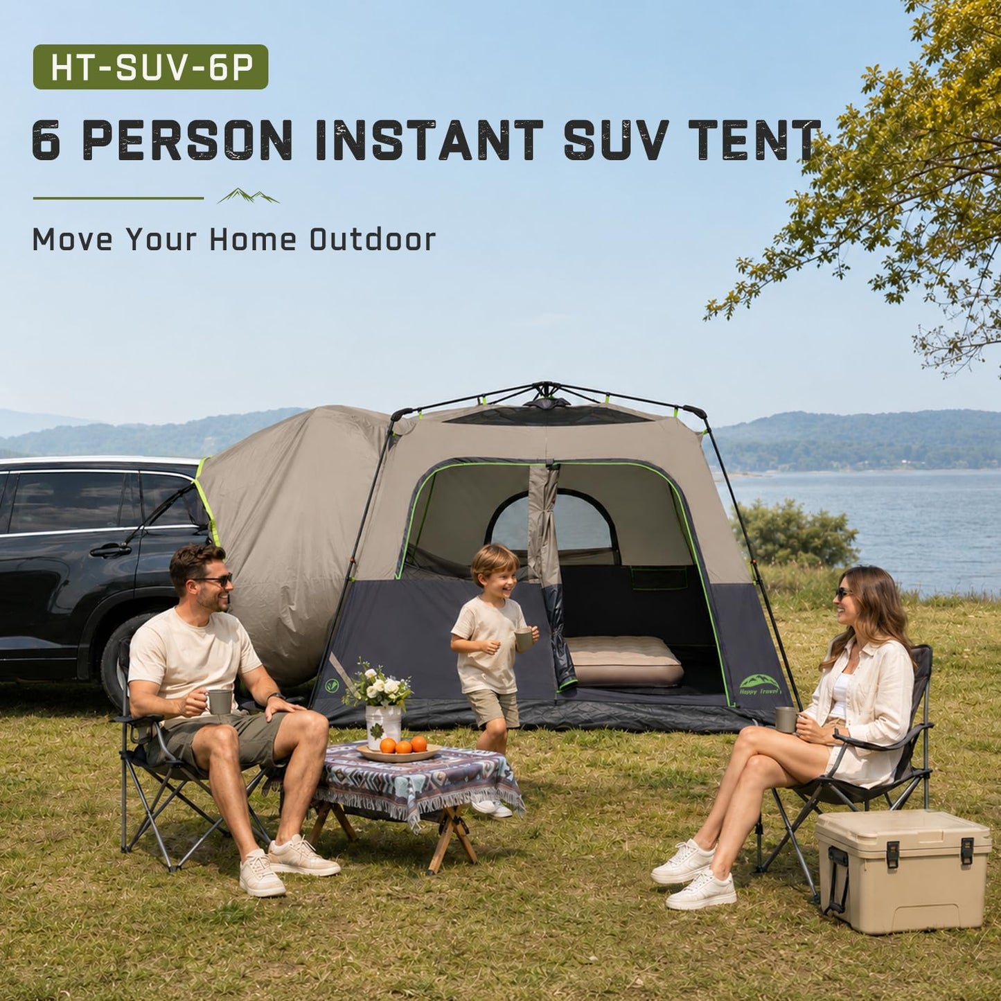 Happy Travel SUV Tents for Camping, 6 Person Instant Tent with 60 Seconds Easy Setup, Waterproof Car Tailgate Cabin Tent with Rainfly for Family Camping, Expandable Carry Bag,10' W X 10' L X 7.1' H