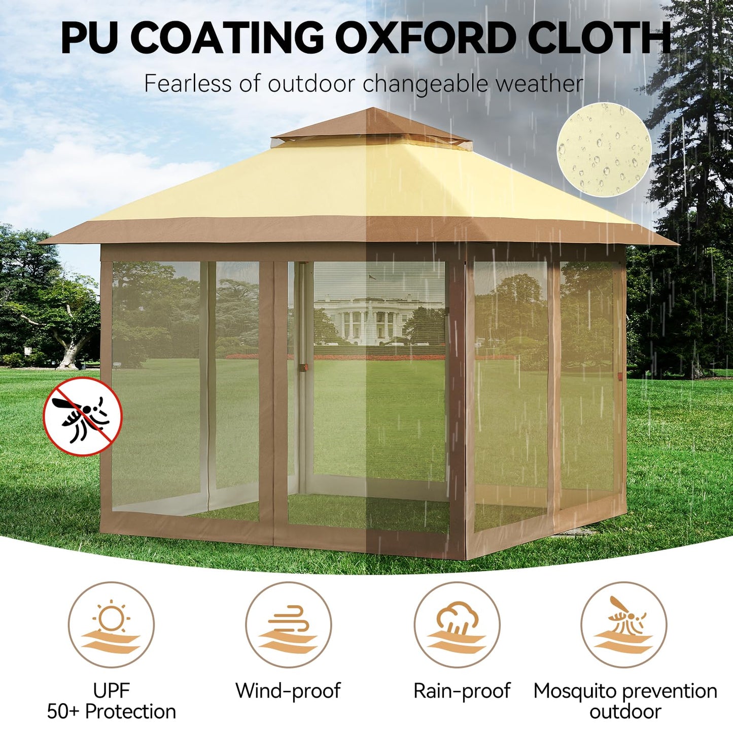 10x10 Pop Up Gazebo Tent with Mosquito Netting & Water,Resistant Oxford Canopy with Roller Bag,Instant Setup Outdoor Shelter for Backyard, Patio, Parties, Weddings, Outdoor Dining，Beige+Khaki