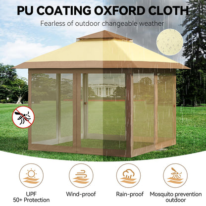 10x10 Pop Up Gazebo Tent with Mosquito Netting & Water,Resistant Oxford Canopy with Roller Bag,Instant Setup Outdoor Shelter for Backyard, Patio, Parties, Weddings, Outdoor Dining，Beige+Khaki