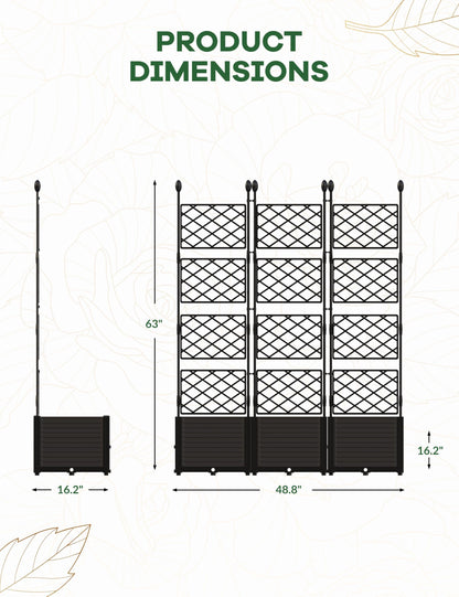 3 PCS Raised Garden Bed with Trellis & Privacy Screen, 50" x 63" Tall Vertical Garden Planter Box for Climbing Plants, Outdoor Trellis for Vegetables, Flowers, Patio, Balcony, Garden Black