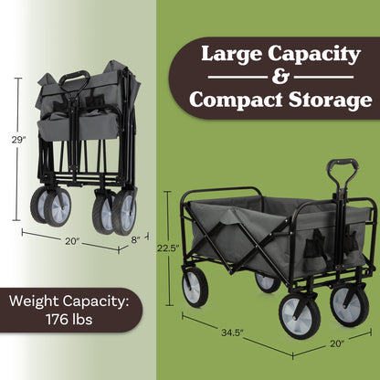 Collapsible Wagon - Grocery Cart on Wheels - Portable Beach Wagon, Folding Garden Cart or Shopping Cart - Wagons Carts Foldable by Pure Garden (Gray)