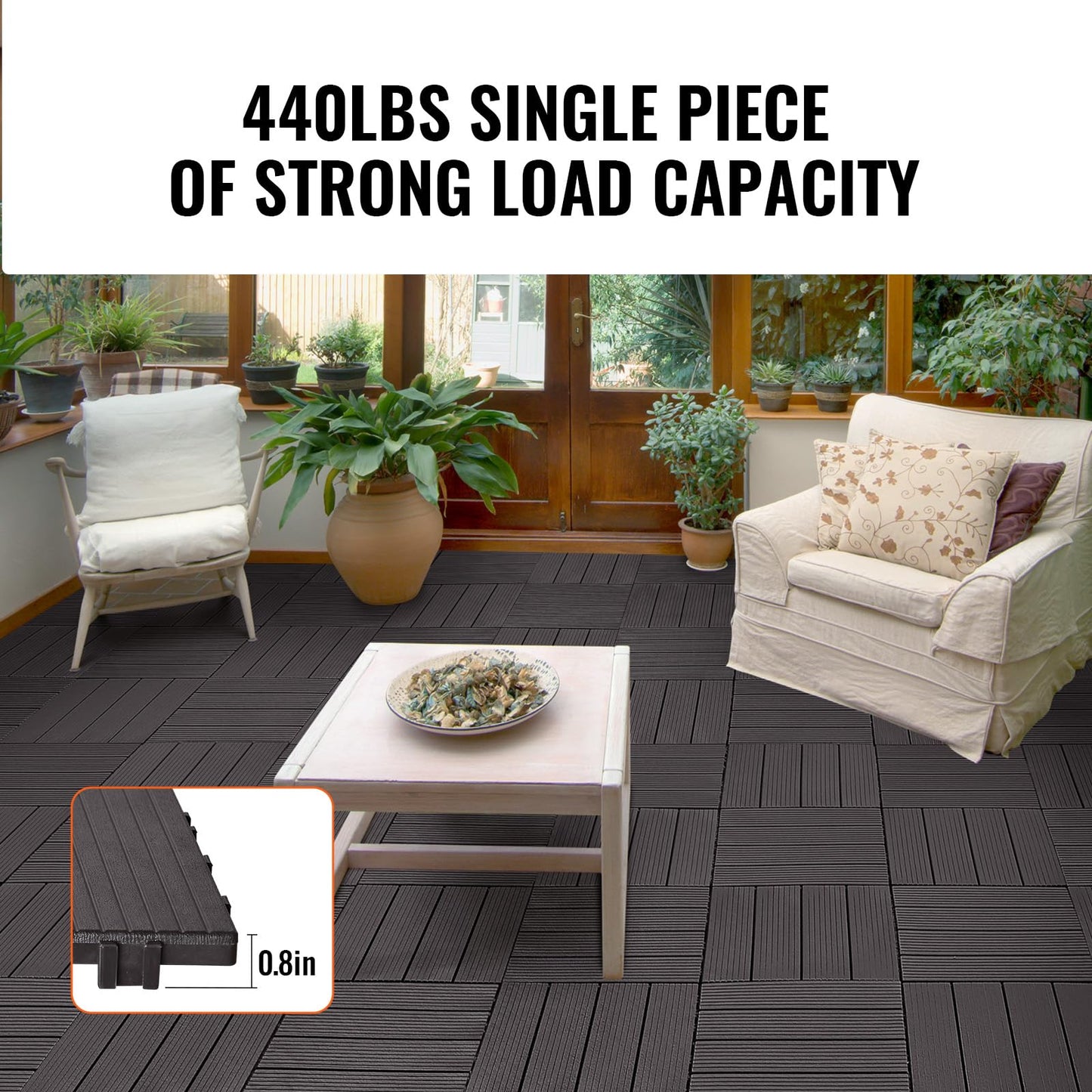 VEVOR 54 sq. ft Plastic Interlocking Deck Tiles, 54 Pack,12"x12" Waterproof Non-Slip Outdoor Flooring All Weather Use, Patio Floor Decking Tiles for Porch Poolside Balcony Backyard, Dark Brown