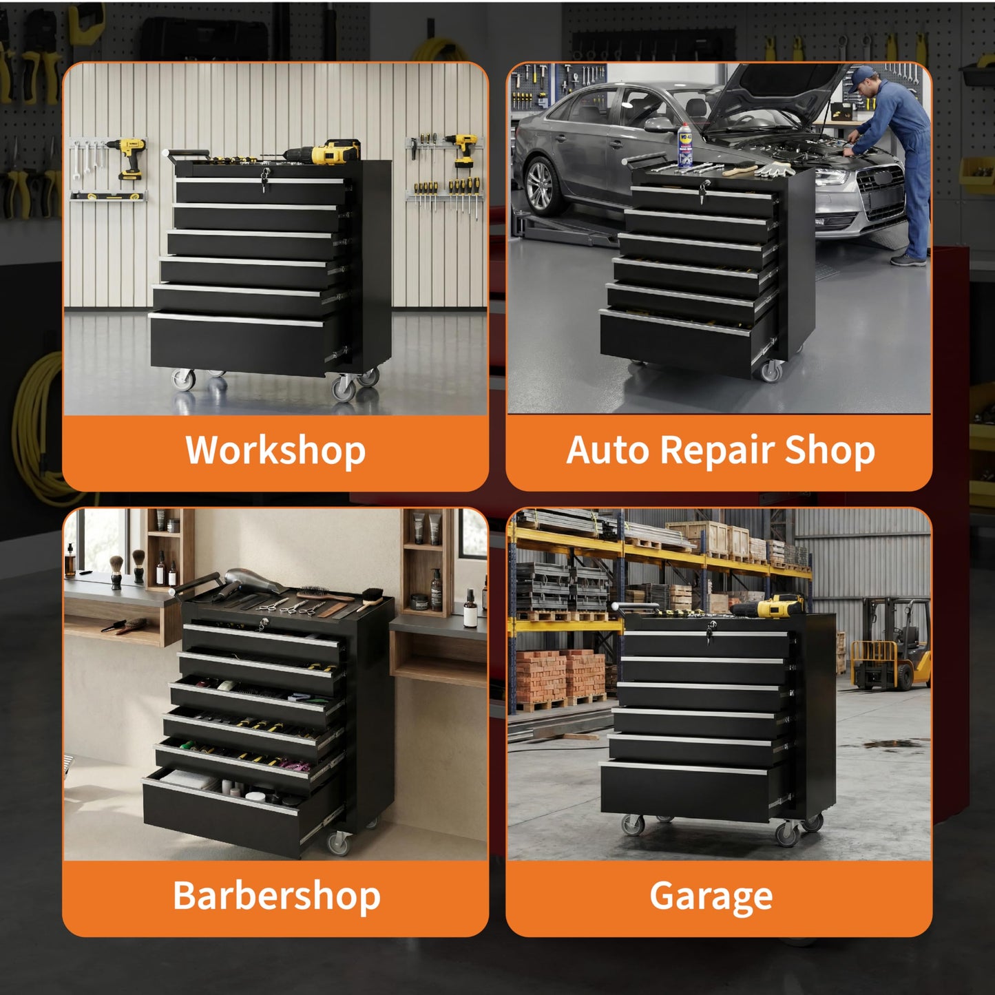 PeakPursuit 6-Drawers Rolling Tool Chest, Portable Tool Box with Wheels and Lock System, Secure Storage Cabinet for Warehouse, Workshop, and Repair Shop, Black