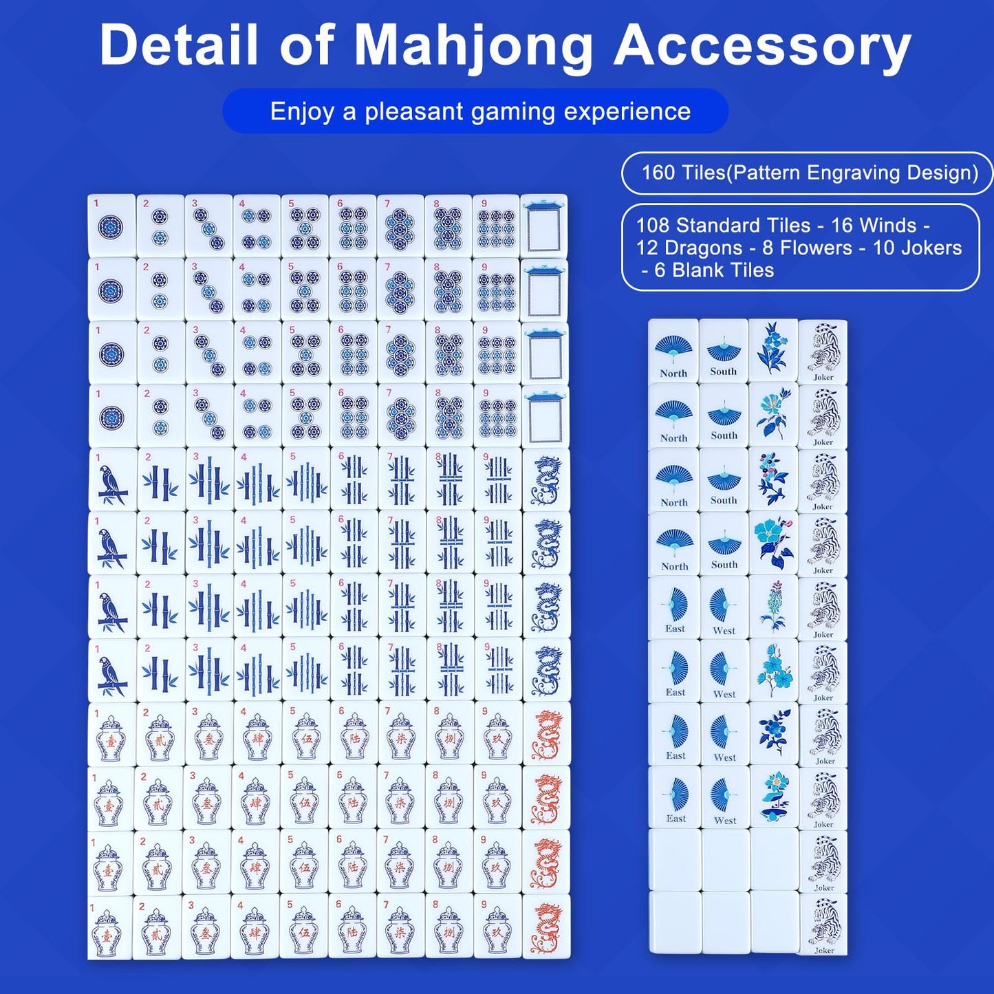 Arrowbash Christmas 160 Pcs Chinoiserie Mahjong Tile Set, 1.2 x 0.8 Inches Melamine Blue Back American Mahjong Only, Travel Ma Jiang Tiles for Adult Classic Board for Family Night