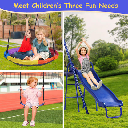 Lunafun Swing Set for Backyard with Kids Slide 440lbs Heavy-Duty Metal A-Frame 1 Saucer Swing Seat 1 Swings Seat & 1 Slide
