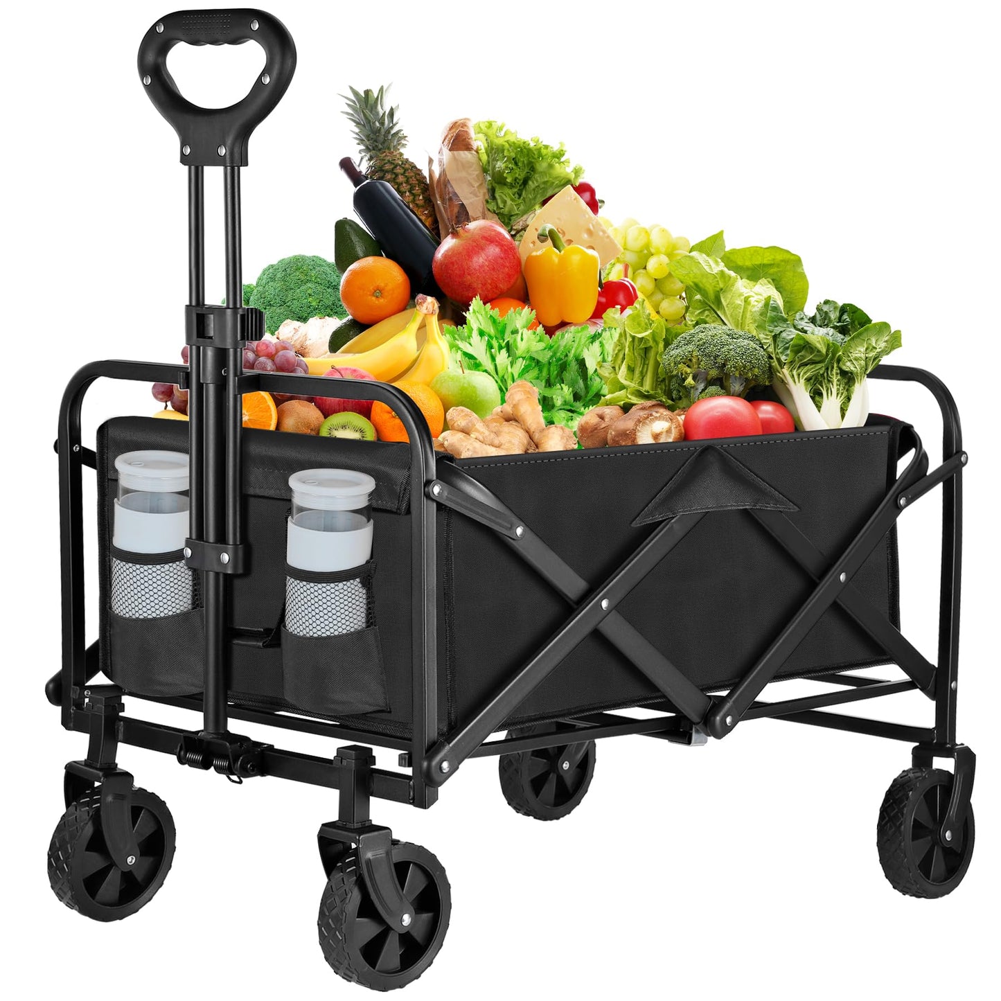 Collapsible Foldable Wagon Cart,Utility Beach Cart with Drink Holders Large Capacity Protable Grocery Wagon for Garden Shopping Outdoor Camping (Black, 250lbs)