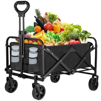 Collapsible Foldable Wagon Cart,Utility Beach Cart with Drink Holders Large Capacity Protable Grocery Wagon for Garden Shopping Outdoor Camping (Black, 250lbs)