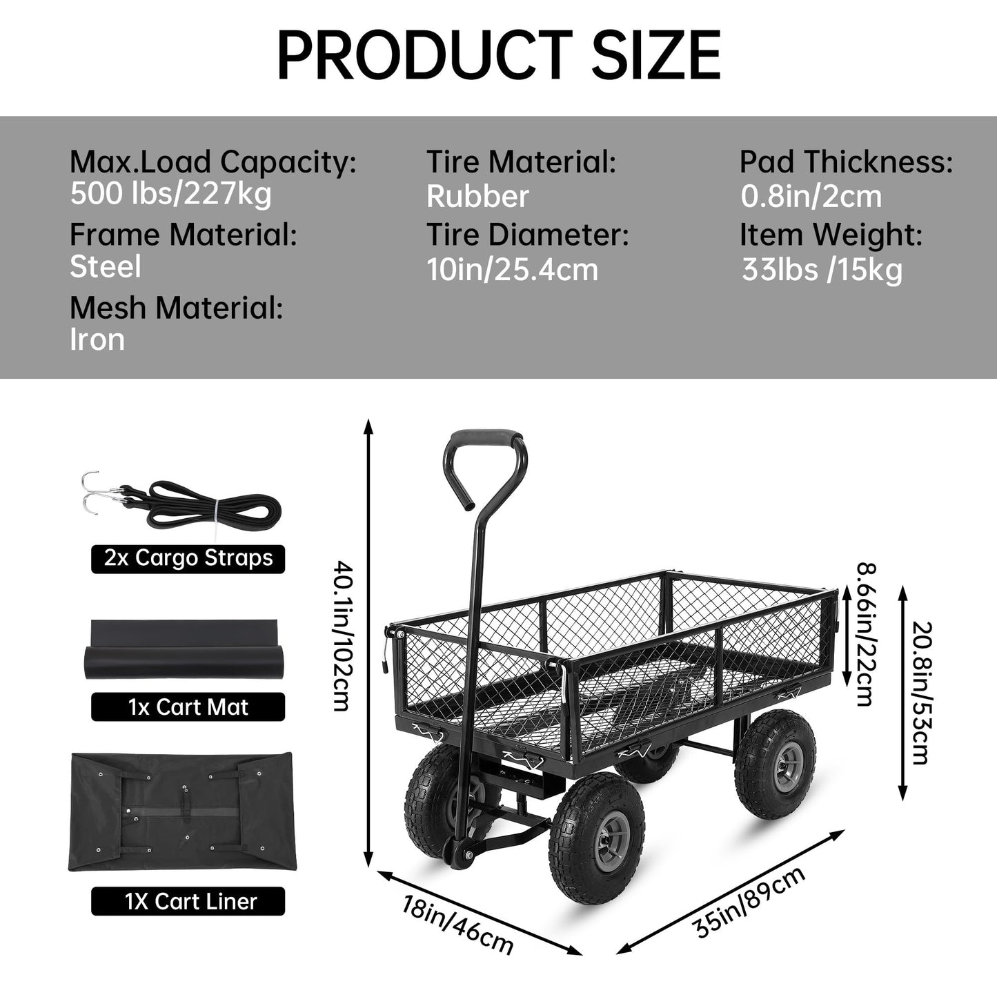 Steel Garden Cart, 500 Lbs Heavy-Duty Garden Wagon Cart Pullable on Wheels,Metal Yard Utility Wagon Carts with Removable Cart Liner, Black