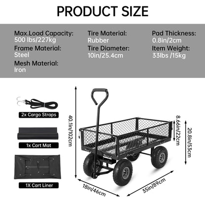 Steel Garden Cart, 500 Lbs Heavy-Duty Garden Wagon Cart Pullable on Wheels,Metal Yard Utility Wagon Carts with Removable Cart Liner, Black