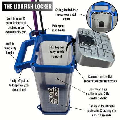Aquatic Hunt Lionfish Locker High-Capacity Lionfish Containment Unit for Divers | Fast Drainage, Spear/Snare Storage, Durable & Versatile for Lionfish Hunting & Lobster Collection (Blue Water), 22''