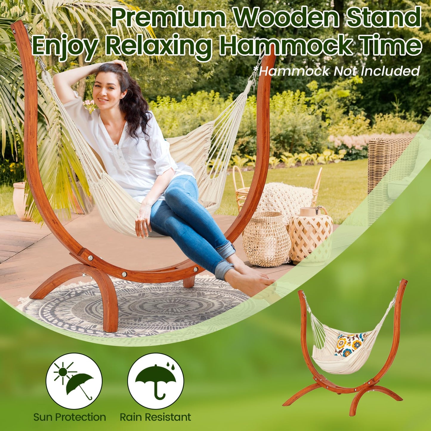 SELFLA Premium Wooden Hammock Stand only (500 lbs/226kg), Sun Protection & Rain Resistant, Heavy Duty Premium Solid Wood Hammock Chair for Indoor or Outdoor Use, Safe & Stable (Hammock Not Included)