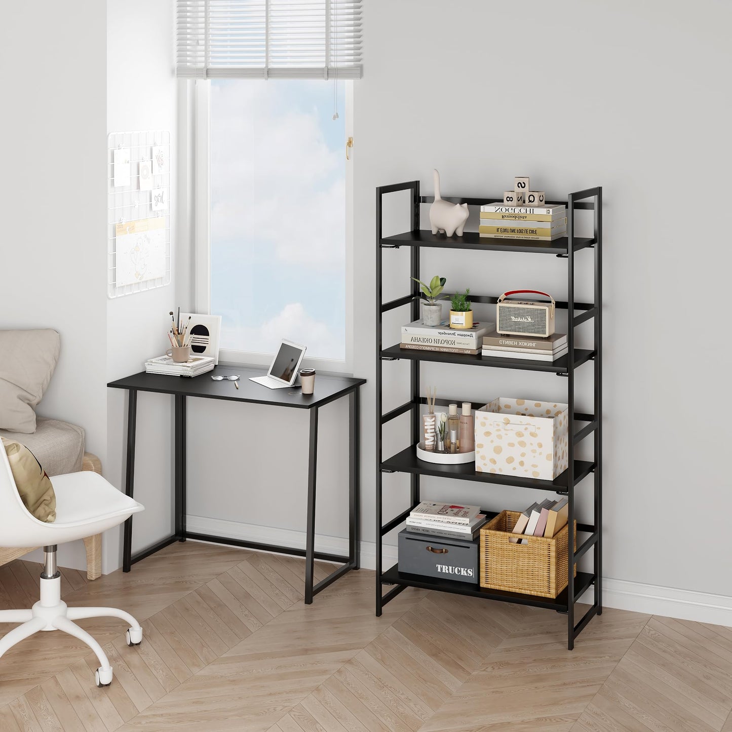 BHG Vintage Multifunctional Folding Bookshelf, No-Assembly Plant Stand Storage Rack Shelves for Home Office (All Black, 4-Tier)