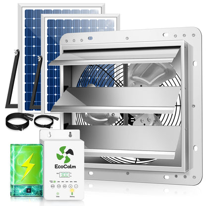 ecoCalm 14" Solar Exhaust Fan for Greenhouse with Battery and Adjustable Thermostat, Attic Fans for Garage and Shed with 2PCS 30W Bifacial Solar Panels