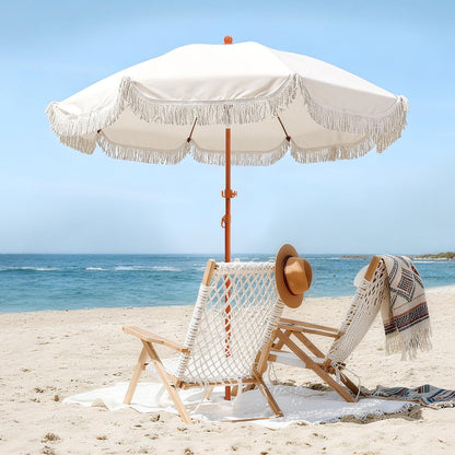 Jihfmo 7.3ft Boho Beach Umbrella with Integrated Sand Anchor & Reinforced 8mm Ribs – Heavy Duty Windproof Fringe Patio Umbrella, UPF 50+ Sun Shade with Tilt Mechanism & Carry Bag for Outdoor, Garden, Seaside (Cream/White)