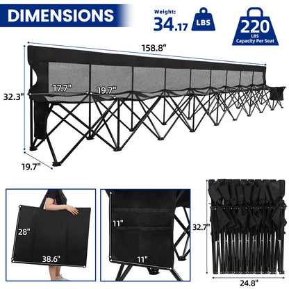 Permade Soccer Bench- Folding Team Bench Soccer 9 Seats, Portable Sideline Sports Benches with Mesh Seat and Back with Bag, Foldable Breathable Chairs for Sports Football Camp Events (Black