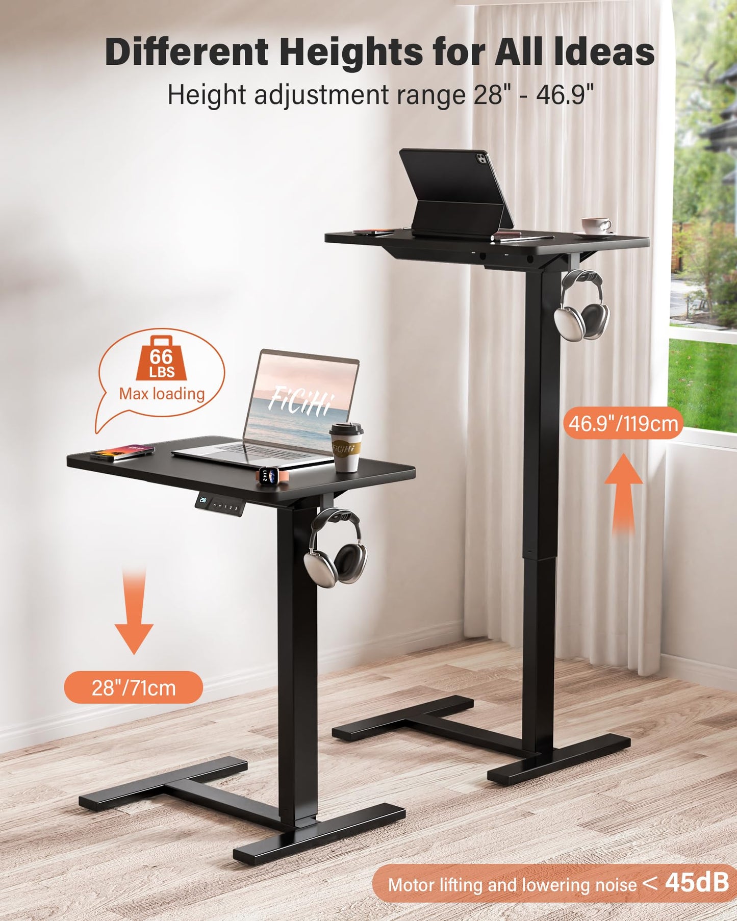 FiCiHi Electric Standing Desk with Wheels – Adjustable Height Mobile Sit-Stand Laptop Table, Portable Rolling Small Computer Workstation for Home Office & Bedside Use (24"x16", Black)