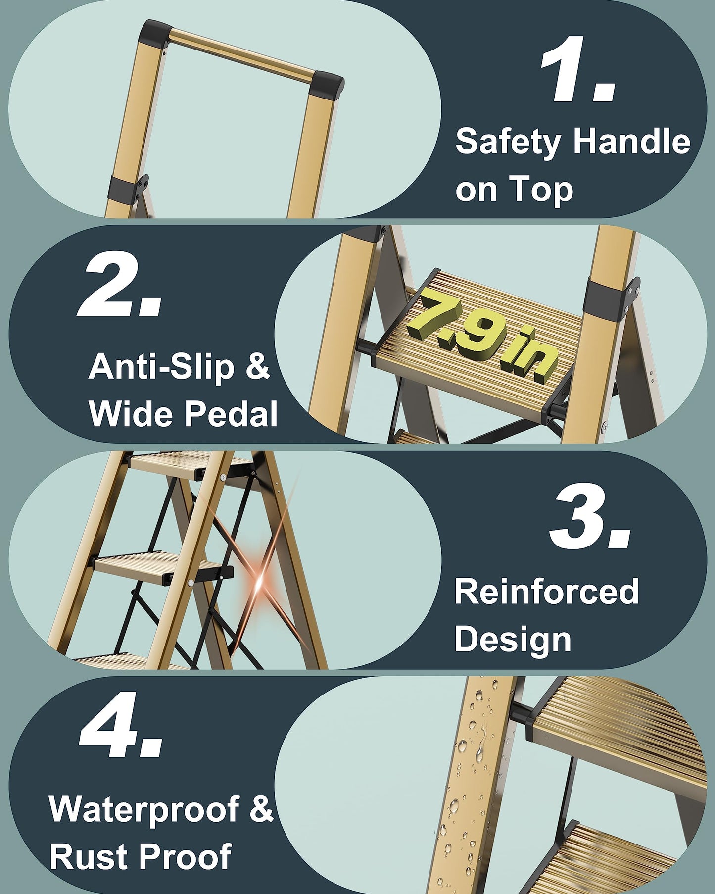 COROCO 6 Step Ladder for 12 Feet High Ceiling, Folding Step Stool with Handgrip and Anti-Slip Wide Pedal, Portable Aluminum Stepladder for Kitchen, Home (300 lbs Capacity) - Gold